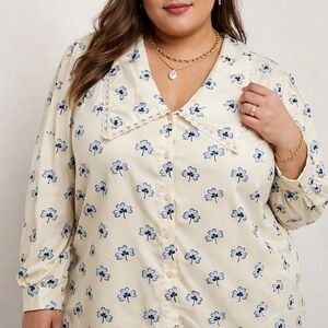 Simplee Apparel Ivory Blouse with Navy Floral Pattern